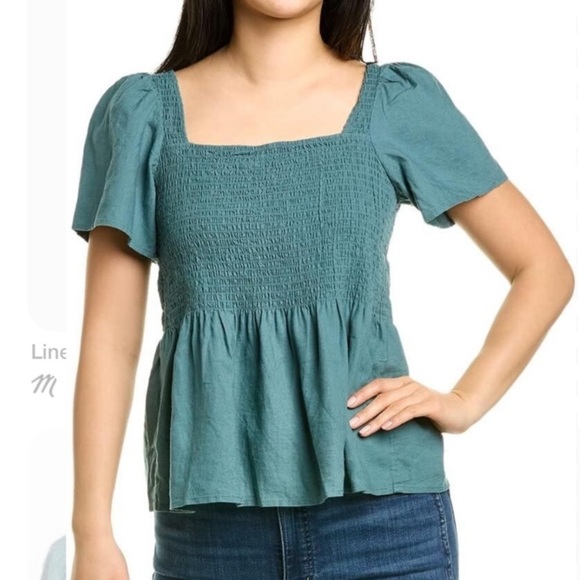 Madewell Tops - Madewell Blue Linen-Blend Lucie Smocked Peplum Top Blouse XS
